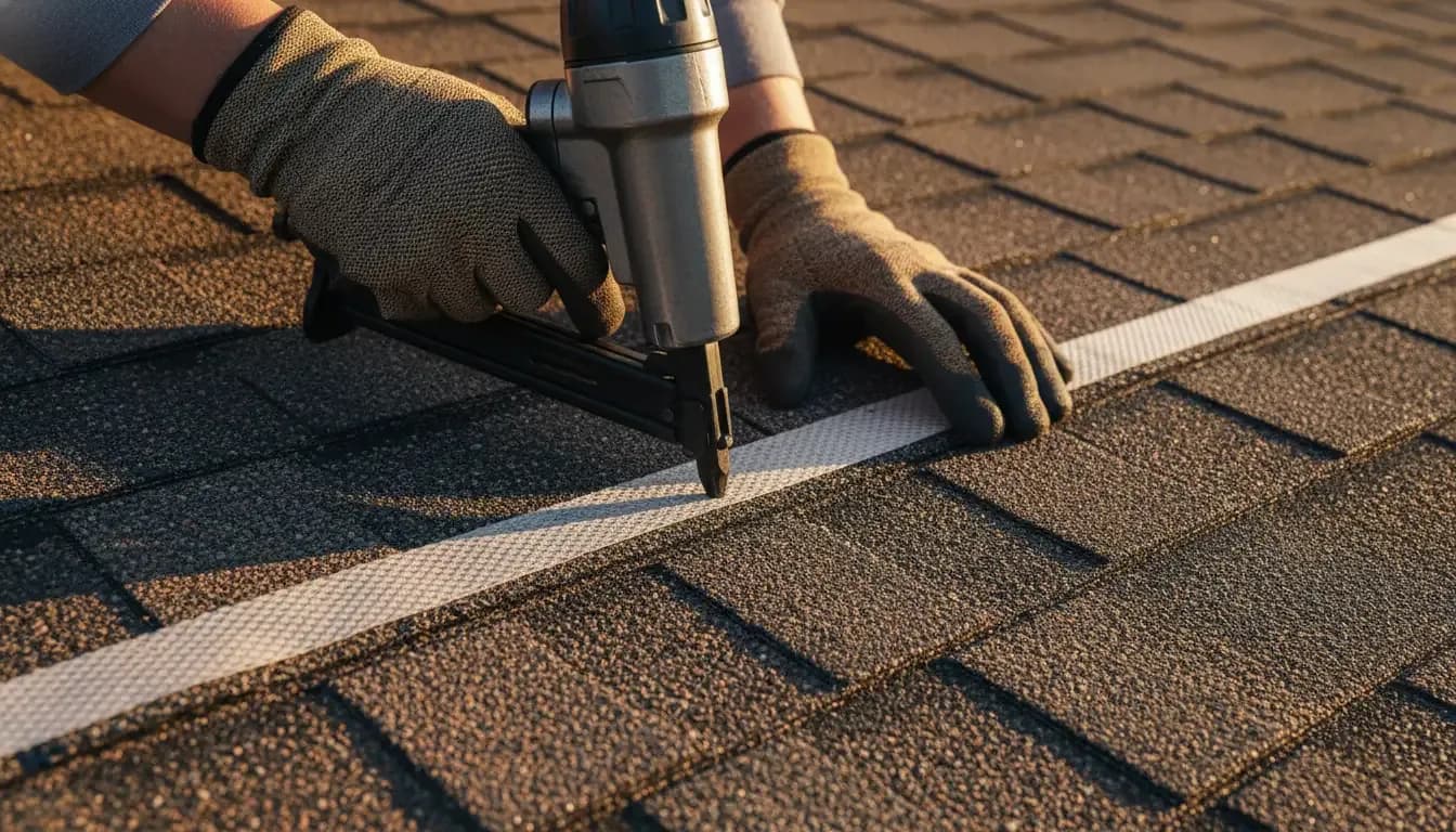 A worker installs shingle roofing.
